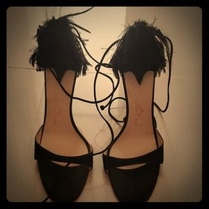 Black feather back ankle stiletto sandals